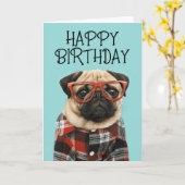 Happy Birthday | Plaid Shirt Pug Karte (Gelbe Blume)