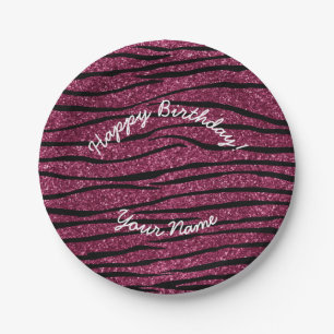 Happy Birthday plum lila Glitzer Zebrastreifen Pappteller