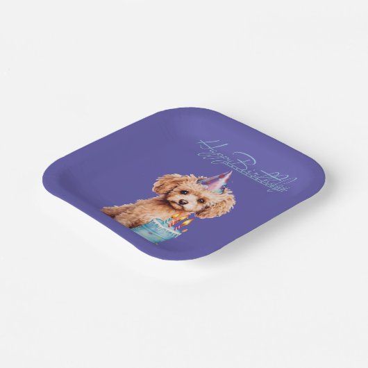 Happy Birthday Poodle mit Party Hat & Bday Cake Pappteller (Gewinkelt)