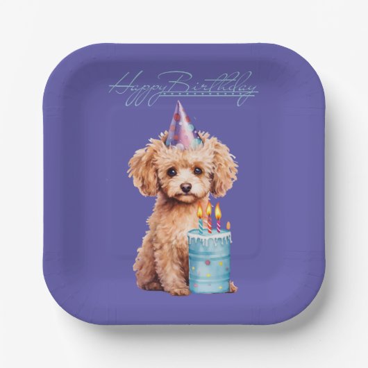 Happy Birthday Poodle mit Party Hat & Bday Cake Pappteller (Vorderseite)