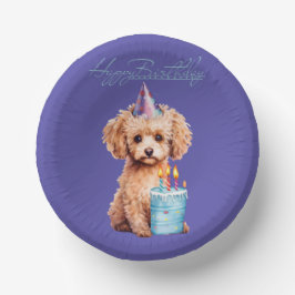 Happy Birthday Poodle mit Party Hat & Bday Cake Pappteller