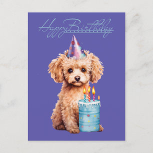 Happy Birthday Poodle mit Party Hat & Bday Cake Postkarte