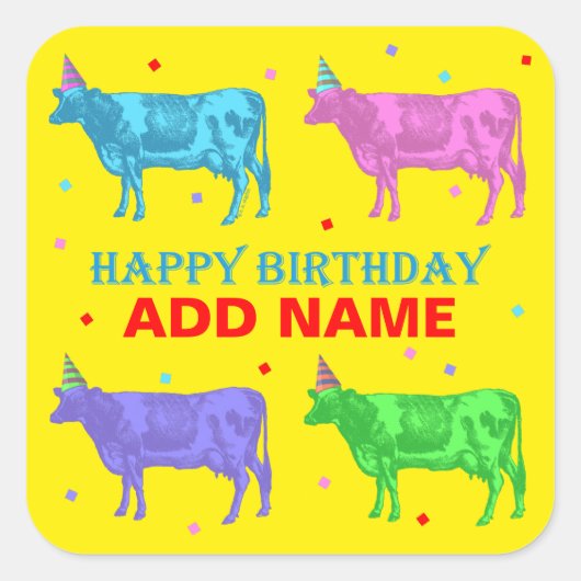 Happy Birthday Pop Art Cows Quadratischer Aufkleber (Vorderseite)