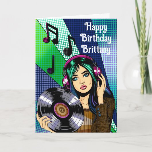 Happy Birthday | Pop Art Girl with Record Karte (Vorderseite)
