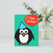 Happy Birthday Postcard | Pinguin mit rotem Ballon Postkarte (Stehend Vorderseite)