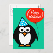 Happy Birthday Postcard | Pinguin mit rotem Ballon Postkarte (Vorne/Hinten)