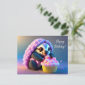 Happy Birthday Postcard, Sloth in Baumwollbonbons Postkarte (Stehend Vorderseite)
