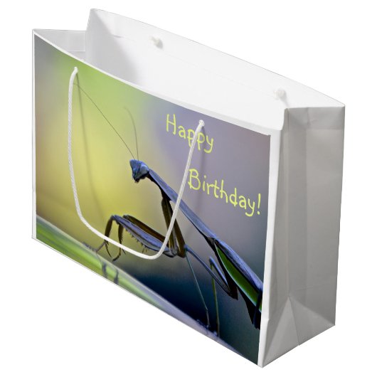Happy Birthday Praying Mantis Große Geschenktüte (Vorderseite Schrägansicht)