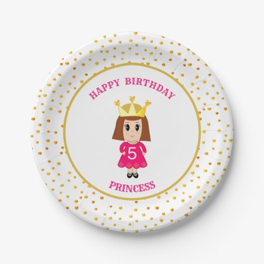 Happy Birthday Princess & Gold Confetti Pappteller (Vorderseite)