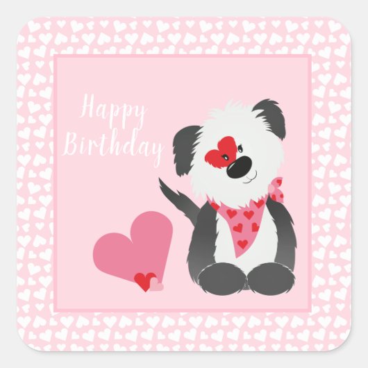 Happy Birthday Puppy Heart Pattern Pink Quadratischer Aufkleber (Vorderseite)