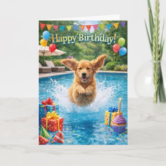 Happy Birthday Puppy Plunge Pool Party Karte (Vorderseite)