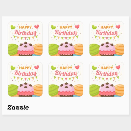 Happy Birthday Quadratischer Aufkleber (Blatt)