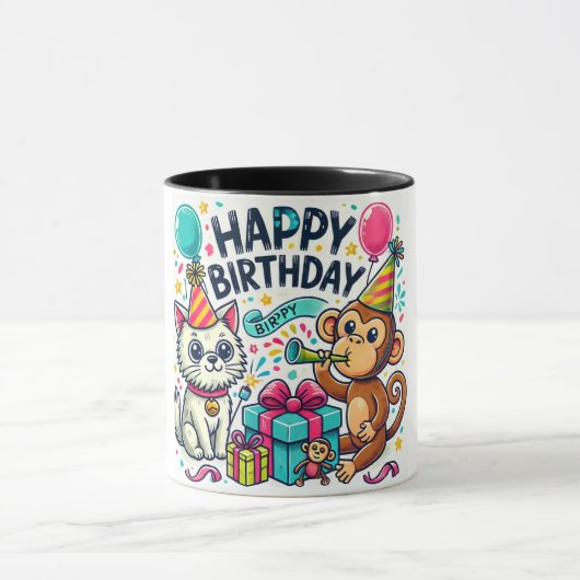 Happy Birthday Quirky Animal Party Tasse (Zentrum)