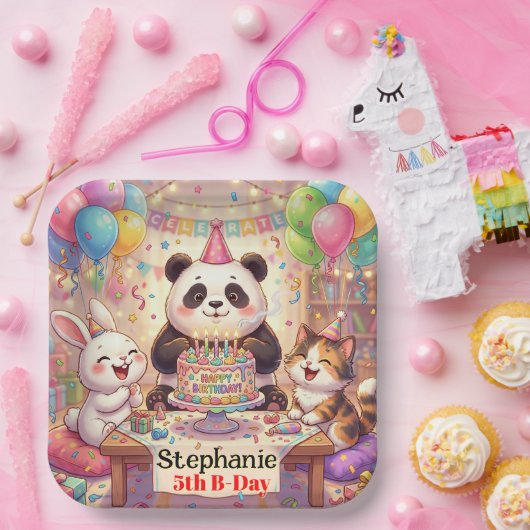 Happy Birthday Rabbit Panda Cat Cute Animals Pappteller (Party)