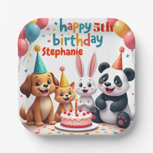 Happy Birthday Rabbit Panda Cat Dog Cute Animals  Pappteller (Vorderseite)