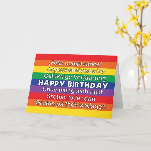 Happy Birthday Rainbow Colorful Many Languages Karte (Gelbe Blume)