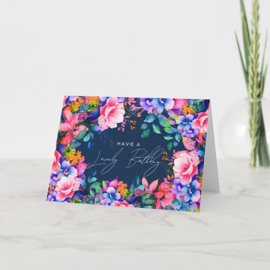 Happy Birthday Rainbow Garden Floral Navy Karte (Vorderseite)