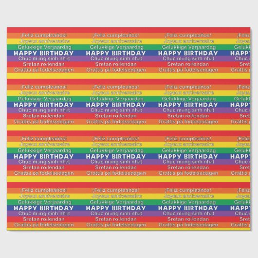 Happy Birthday Rainbow Stripes Foreign Languages Geschenkpapier (Flach)