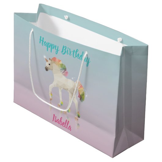 Happy Birthday Rainbow Unicorn Name Große Geschenk Große Geschenktüte (Vorderseite Schrägansicht)