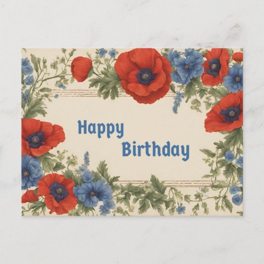 Happy Birthday Red and Blue Poppy Blume Postkarte (Vorderseite)