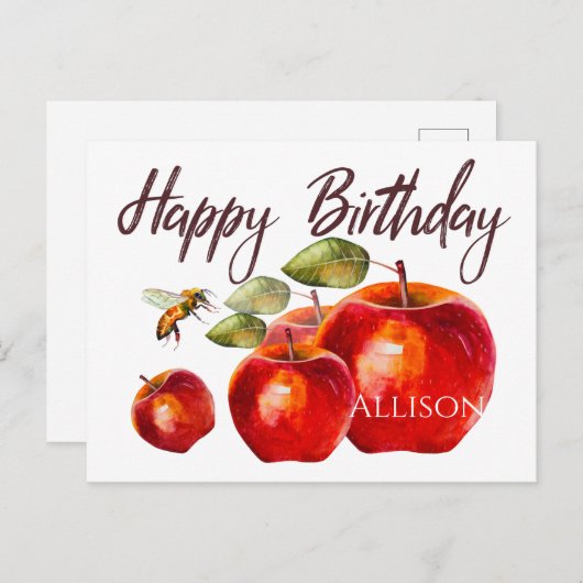 Happy Birthday Red Apple Watercolor Card Postkarte (Vorne/Hinten)