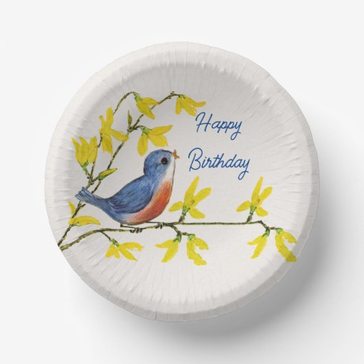 Happy Birthday Red Blue Bird Zweig Hübsche Blume Pappteller (Vorderseite)