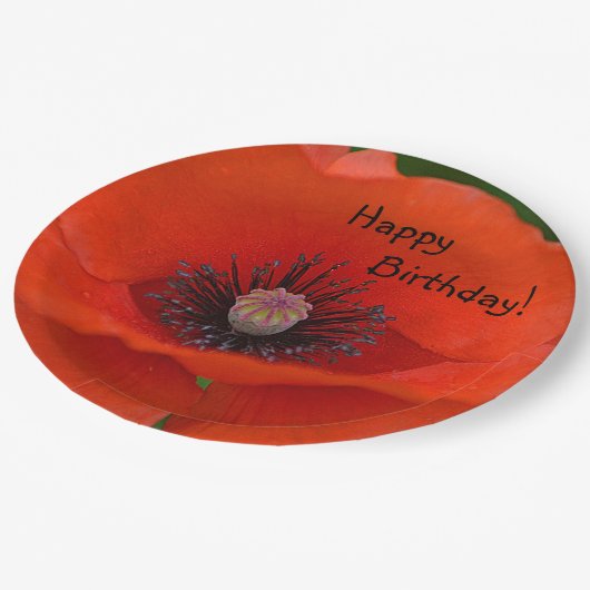 Happy Birthday Red Poppy Pappteller (Schrägansicht)