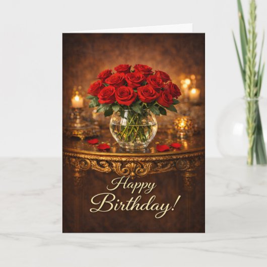 Happy Birthday Red Rose Candlelight Karte (Vorderseite)