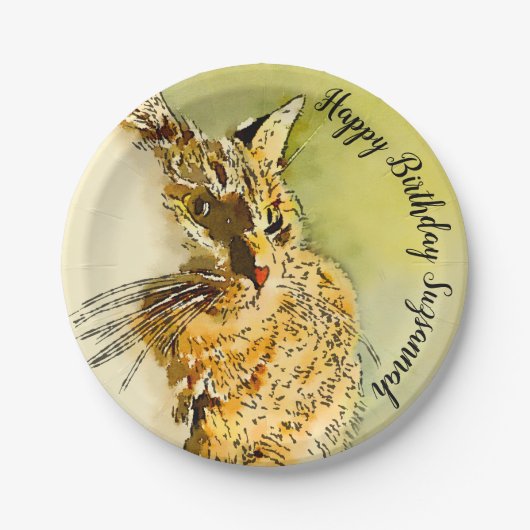 Happy Birthday Red Tabby Cat Whiskers Wasserfarbe Pappteller (Vorderseite)