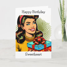 Happy Birthday | Retro Pop Art Woman Holding Gift