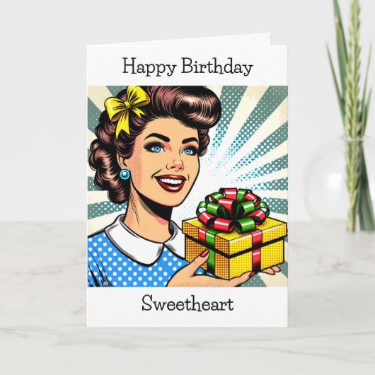 Happy Birthday | Retro Woman Holding Gift Karte (Vorderseite)