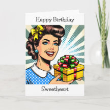 Happy Birthday | Retro Woman Holding Gift