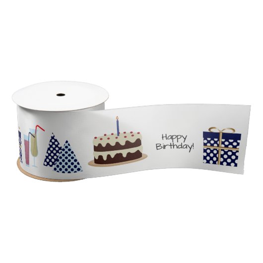 Happy Birthday Ribbon - in marineblau, 3'' Satinband (Spule)