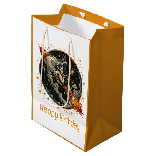 Happy Birthday Rocket Ship French Bulldog Mittlere Geschenktüte (Vorderseite Schrägansicht)