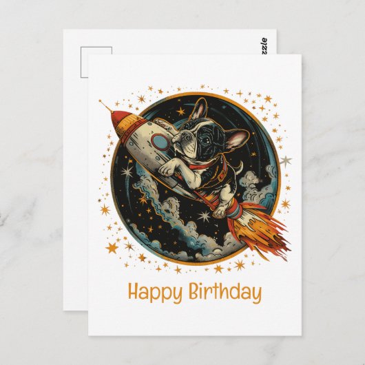 Happy Birthday Rocket Ship French Bulldog Postkarte (Vorne/Hinten)