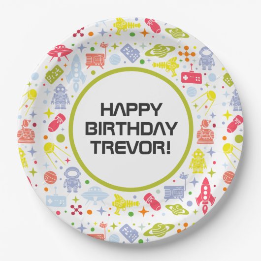 Happy Birthday Rocket Ships Green Pappteller (Vorderseite)