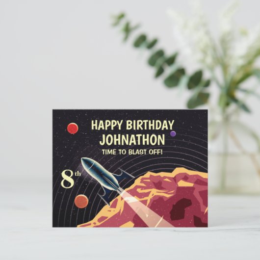 Happy Birthday Rocket Spaceship Universe Custom Postkarte (Stehend Vorderseite)