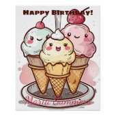 Happy Birthday Rolled Ice-Creme Kawaii Cartoon Poster (Vorderseite)