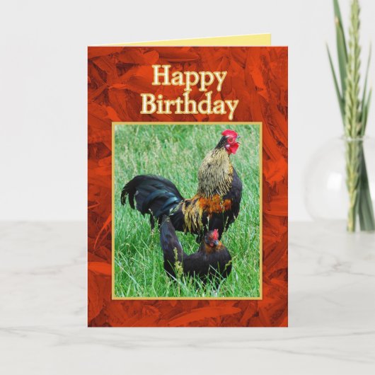 Happy Birthday Rooster und Hen Red Feathers Karte (Vorderseite)