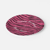 Happy Birthday Rosa Glitzer Zebra Streifen Pappteller (Schrägansicht)