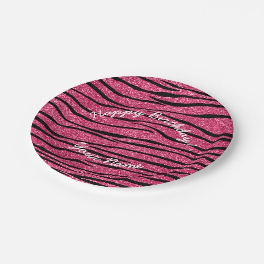 Happy Birthday Rosa Glitzer Zebra Streifen Pappteller (Schrägansicht)