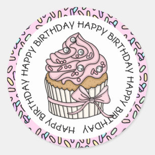 Happy Birthday Rosa und Vanille Cupcake Runder Aufkleber