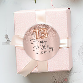Happy Birthday Rose Gold Glitzer Ballon 13. Runder Aufkleber
