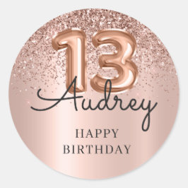 Happy Birthday Rose Gold Glitzer Ballon 13. Runder Aufkleber