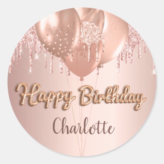 Happy Birthday Rose Goldblush Glitzer Ballons Runder Aufkleber (Vorderseite)