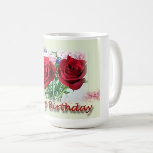 Happy Birthday Rote Rosen Blumendesign Kaffeetasse (VorderseiteRechts)