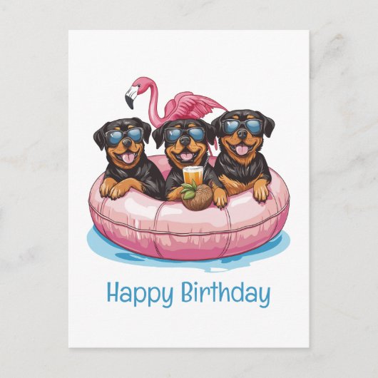 Happy Birthday Rottweiler Dogs Flamingo Pool Tube Postkarte (Vorderseite)