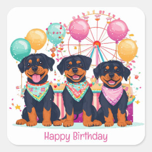 Happy Birthday Rottweiler Hunde im Karneval Quadratischer Aufkleber