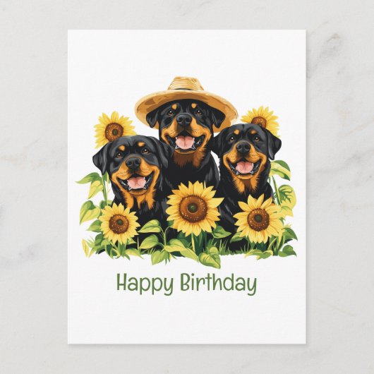 Happy Birthday Rottweiler Hunde Sonnenblumen Postkarte (Vorderseite)