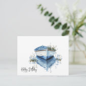 Happy Birthday Rowboat Blue Blumen Postkarte (Stehend Vorderseite)
